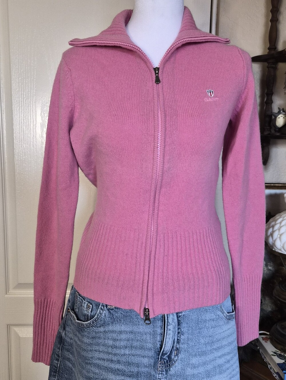 GANT 100% Lambswool Pink Full Zip Mock Neck Sweater Cardigan Preppy